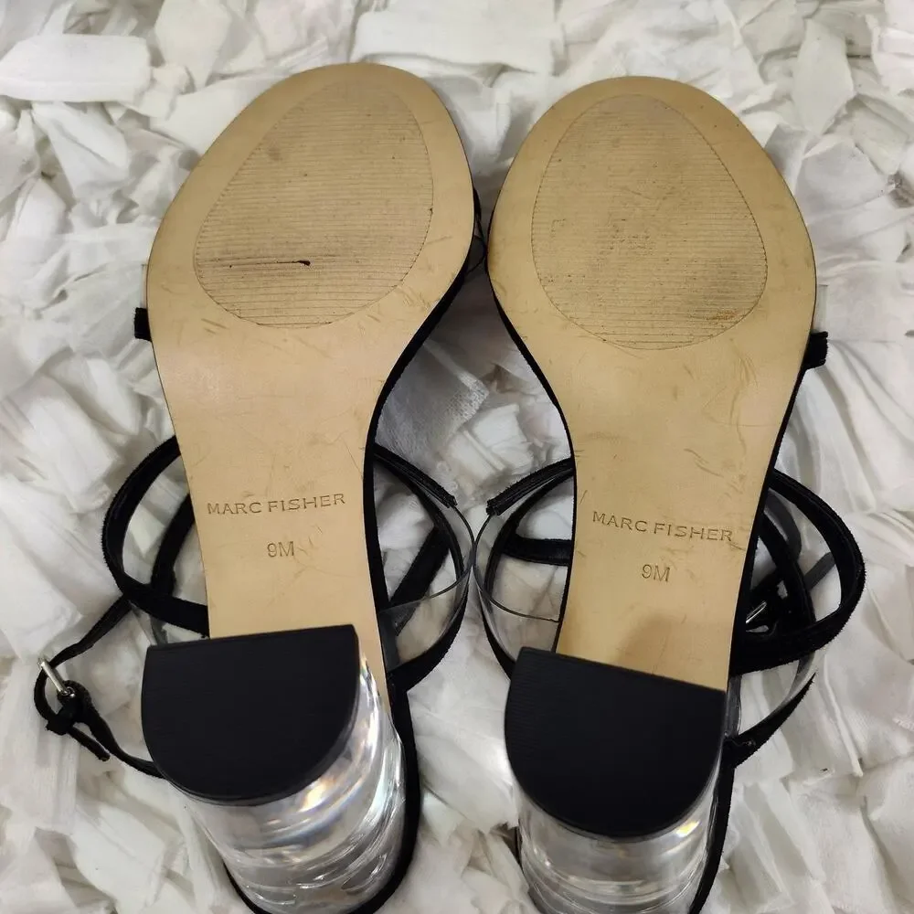 Marc Fisher Shoes Womens Size 9 Black Strappy Sandals Clear Lucite Block Heel